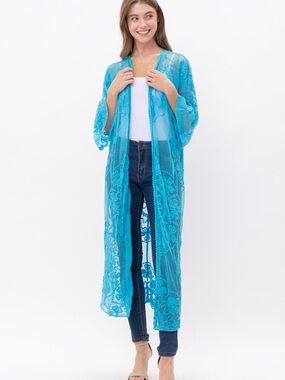 Raj Turquoise Sheer Lace Swim Coverup Kimono